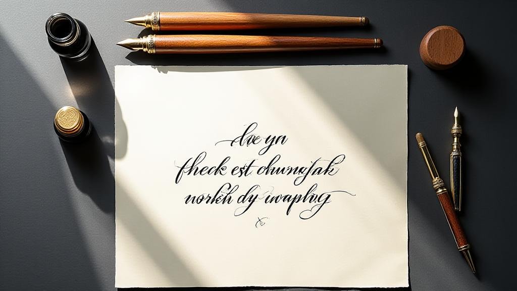 Artistic flatlay of calligraphy pens, nibs, and ink on a textured paper background