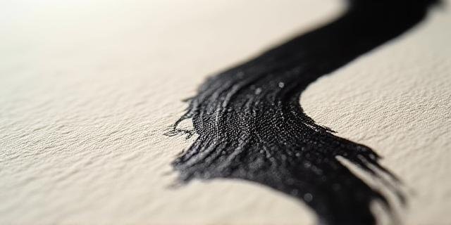 Detailed shot of black ink pooling on artisanal paper showing natural textures