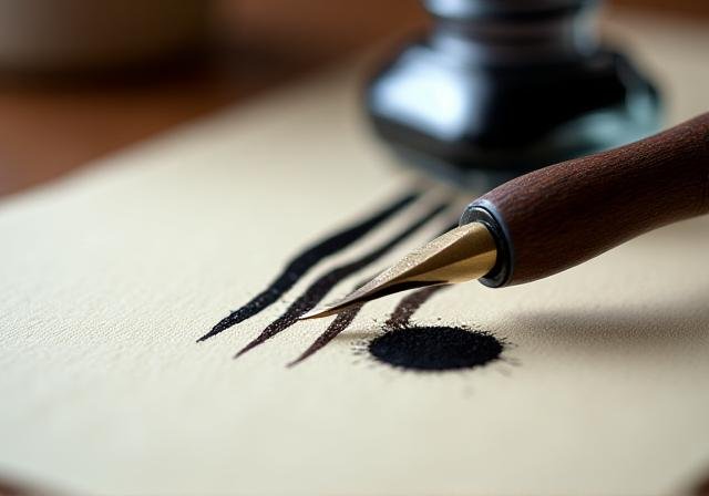 Close up of professional calligraphy pens and ink on textured paper